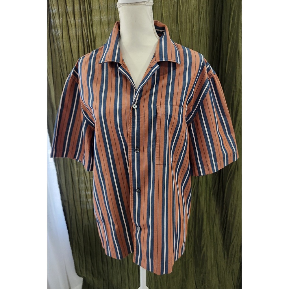 Hugo Boss Mens Relaxed Fit Striped Short Sleeve Camp Collar Shirt Orange‎ Blue L
